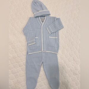 100% Cotton 12 months baby boy set. Light blue Knit jacket, pant, body and hat.